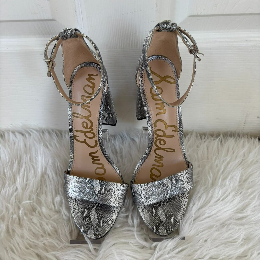 NWOB Sam Edelman’s Yaro Silver Snake Print Open Toe Leather Sandals 8.5 Medium